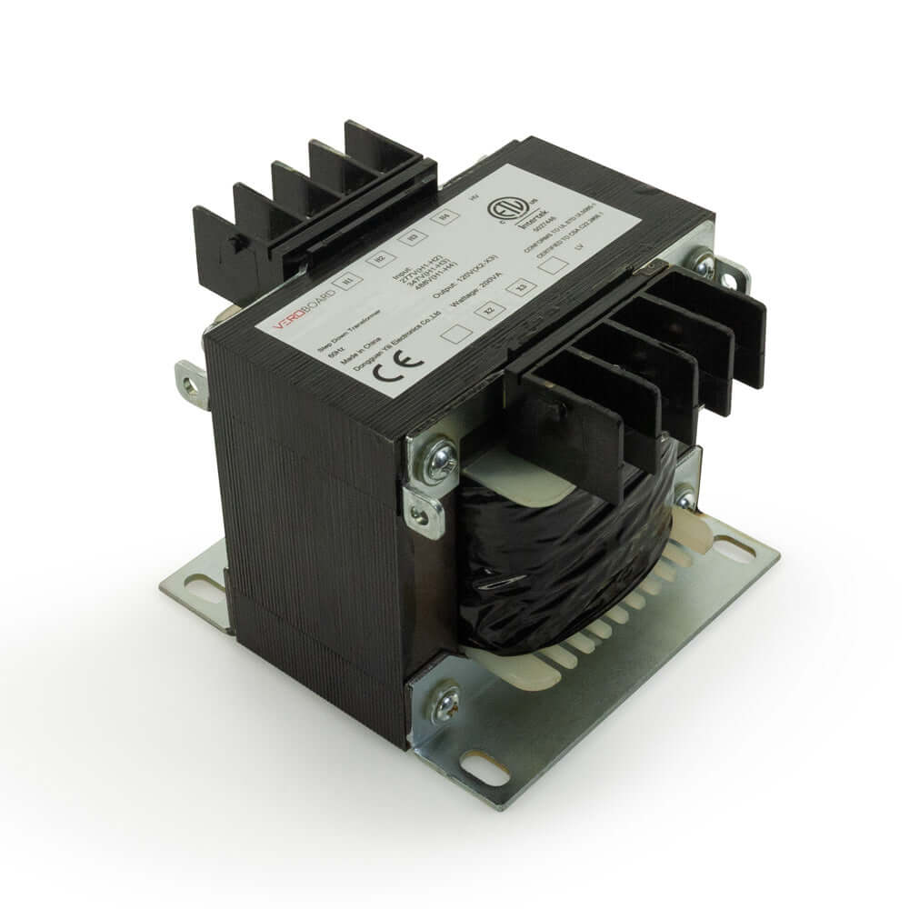 Step-down transformer for voltage conversion from 277V, 347V, and 488V to 120V, 200W, compact design.