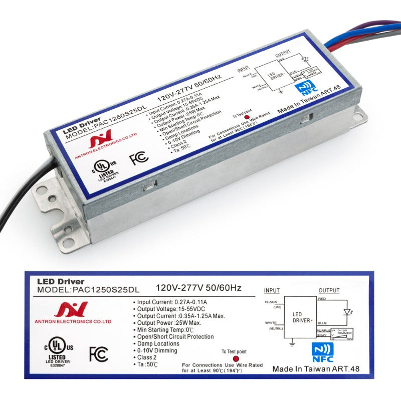 Antron electronics co.ltd Constant Current Programmable LED Driver with Custom Output Current 350-1250mA 15-55V 42W max PAC1250S25DL
