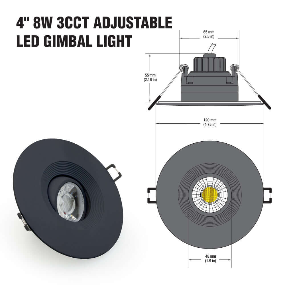 4 inch Round Recessed Ceiling Light Gimbal with Selectable Color Temperature (3CCT) 120V 8W Black, gekpower