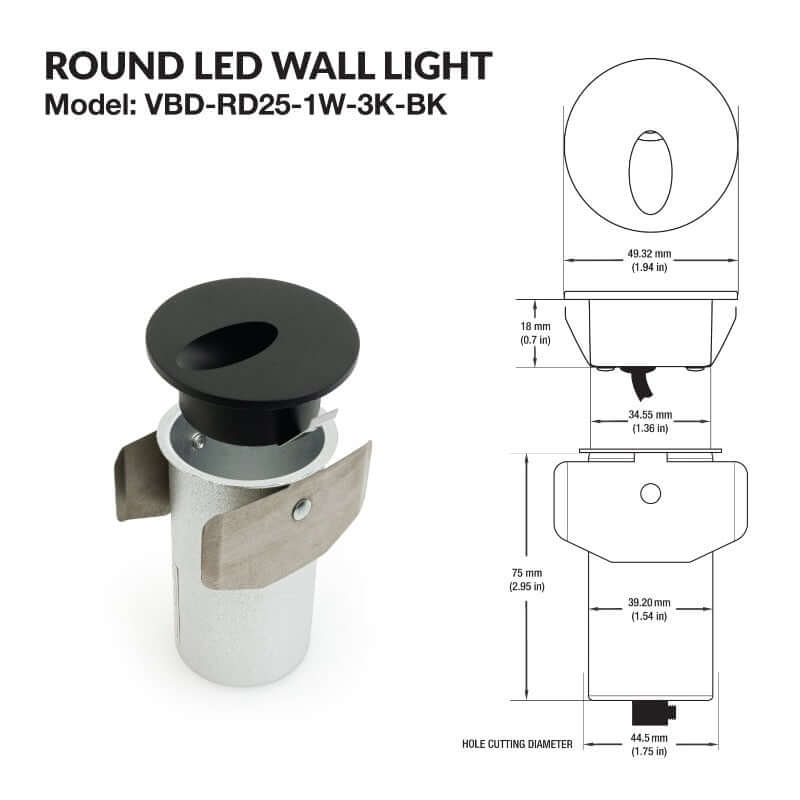 VBD-RD25-1W-3K-BK Round Dimmable LED Step Light