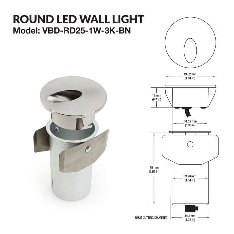 VBD-RD25-1W-3K-BN Round Dimmable LED Step Light