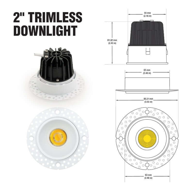 2" Round Dimmable Trimless LED Downlight - 8W