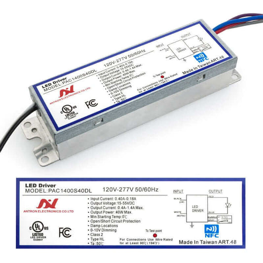 Programmable constant current LED driver model PAC1400S40DL with input and output specifications.