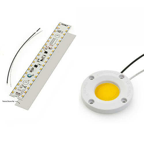 LED light module components including COB and SMD types on a clean background