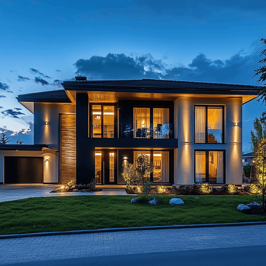 Modern house exterior illuminated at dusk with LED lights showcasing design and landscaping.