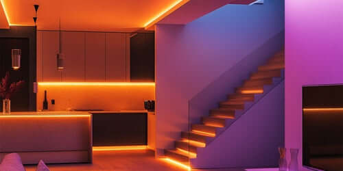 Modern interior showcasing vibrant LED strip lights illuminating a kitchen and staircase, perfect for indoor ambiance.