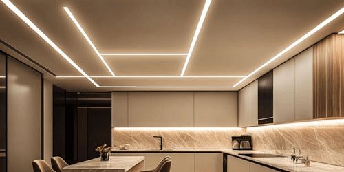 Modern kitchen featuring elegant LED profile lighting on the ceiling, highlighting sleek cabinetry and design.