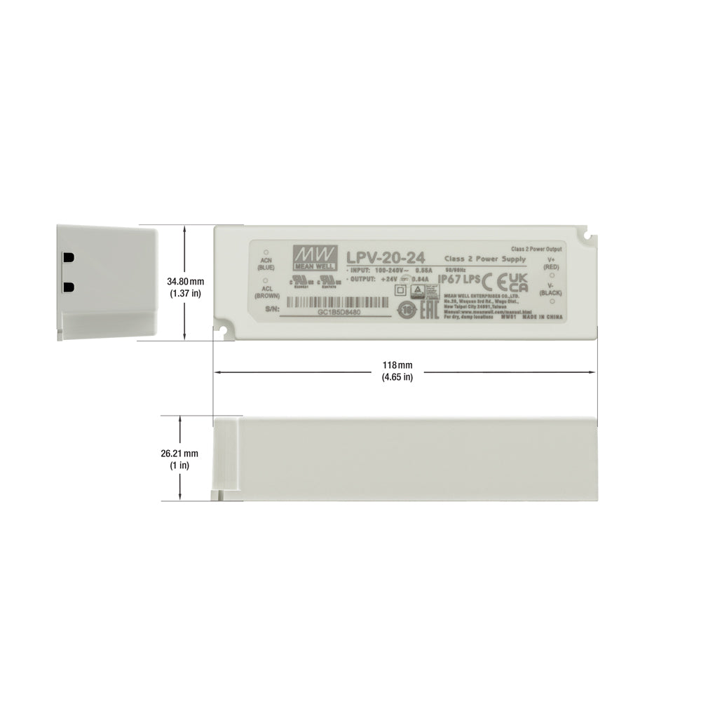 Mean Well LPV-20-24 Non-Dimmable LED Driver, 24V 0.83A 20W - GekPower