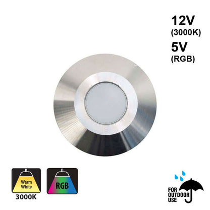 Round Outdoor Dimmable LED Step Light/ Pathway Light Flat Bevel Trim Stainless Steel TYPE5 3000K, RGB