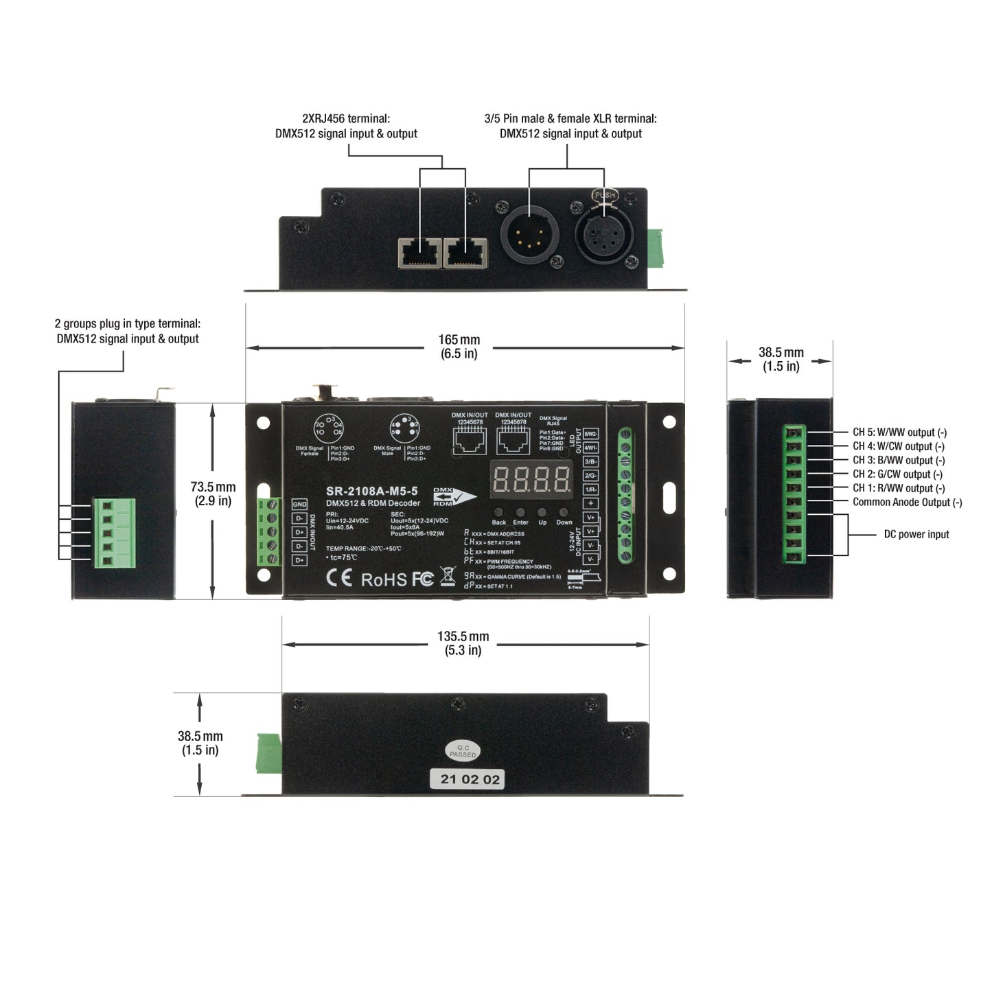 DMX512 and RDM Decoder 5 Channel 12-24V 8A SR-2108A-M5-5