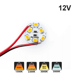 12V 6 SMD 3528 LED Flat Round PCB Dimmable Warm White (1500K-1700K), gekpower