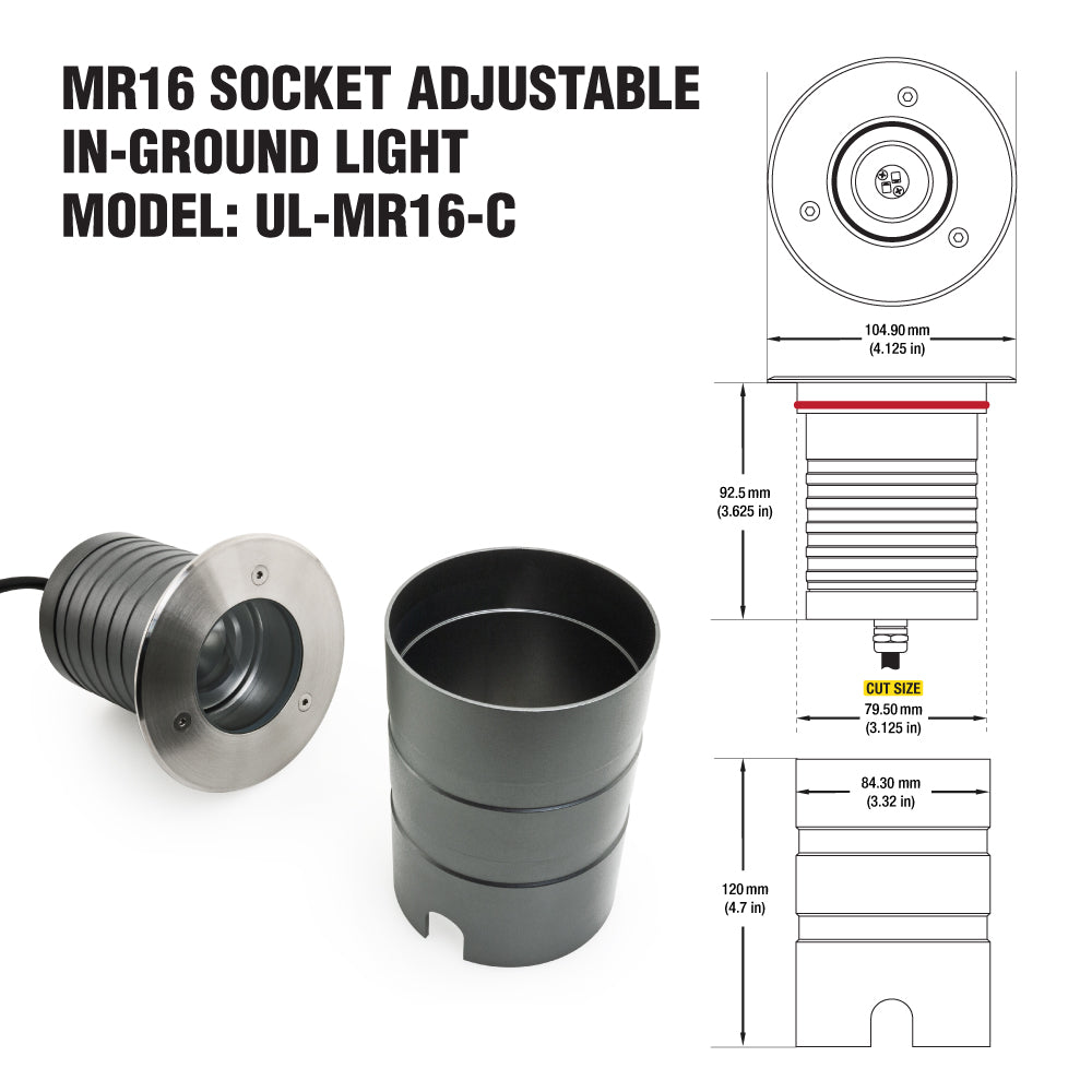 MR16 adjustable in-ground light socket model UL-MR16-C showing dimensions for installation.