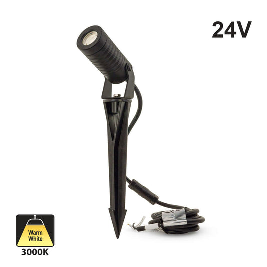 Outdoor LED landscape spotlight, 24V, 2.6W, warm white at 3000K, ideal for garden lighting.