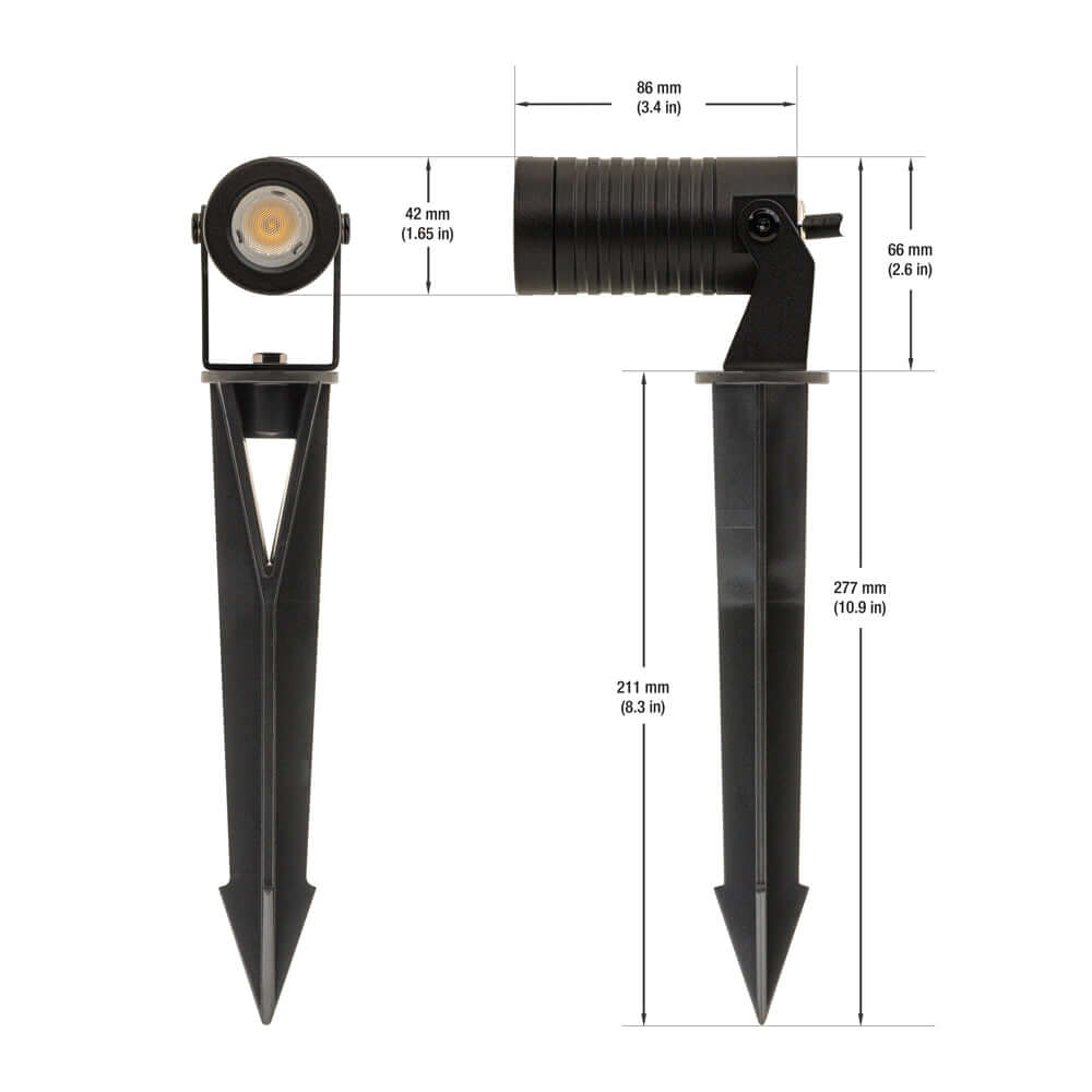 Outdoor LED landscape spotlight with adjustable head and ground stake, dimensions for installation reference.