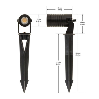 Outdoor LED landscape spotlight with adjustable head and ground stake, dimensions for installation reference.
