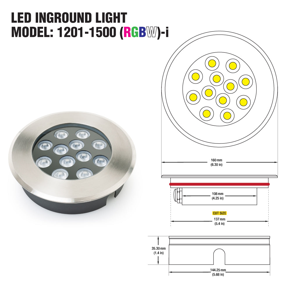 UL-1201-1500(RGBW)-I Outdoor Round Shallow Recessed Changing Color Inground Up light, 24V 15W RGBW