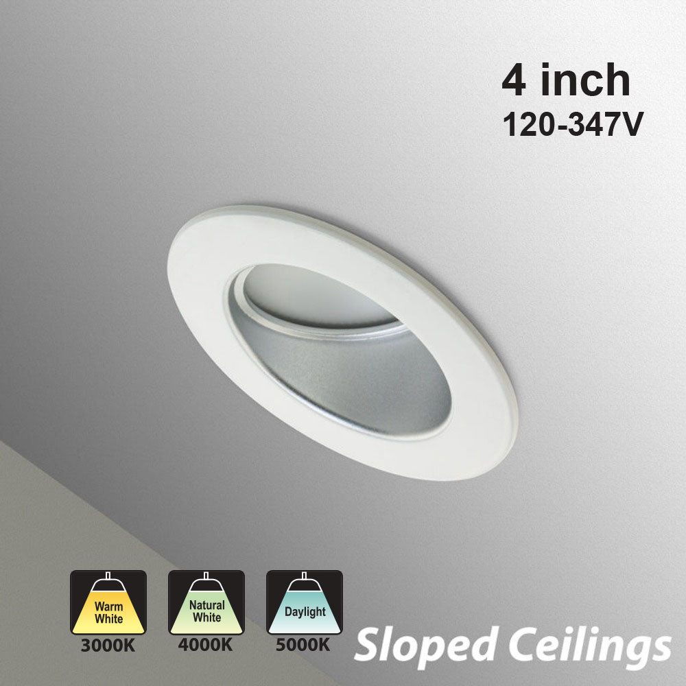 4 inch Commercial Recessed LED Downlight / Ceiling Light with Sloped Ceiling Reflector Round Trim, 120-347V 20W, gekpower