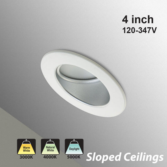 4 inch Commercial Recessed LED Downlight / Ceiling Light with Sloped Ceiling Reflector Round Trim, 120-347V 20W, gekpower