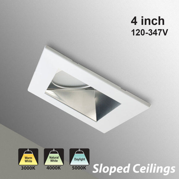 4 inch Dimmable Commercial Recessed LED Downlight / Ceiling Light with Sloped Ceiling Reflector Square Trim, 120-347V 20W