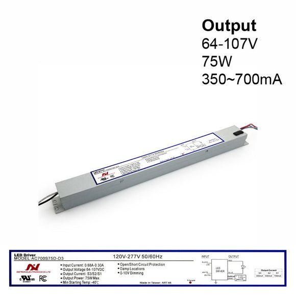 Antron Adjustable Output Current 700-550-350mA with Universal Input Voltage LED Driver 64-107V 75W max AC700S75D-D3