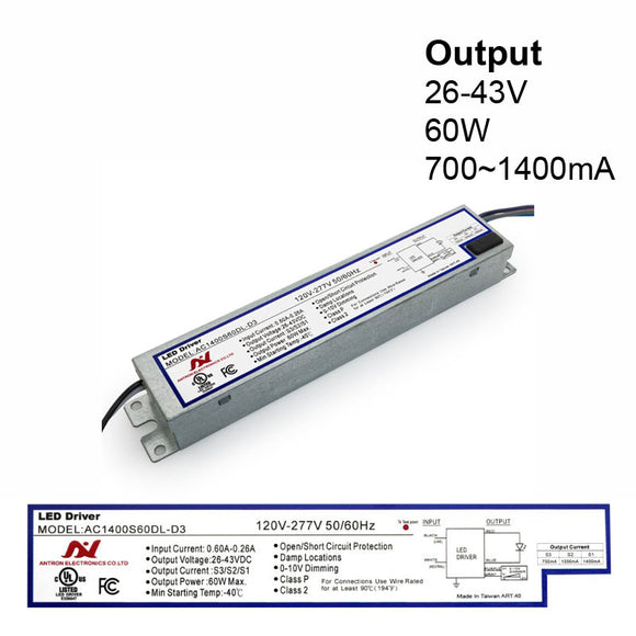 Antron Adjustable Output Current 1400-1050-700mA with Universal Input Voltage LED Driver 26-43V 60W max AC1400S60DL-D3