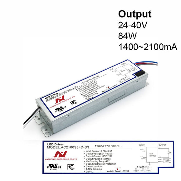 Antron Adjustable Output Current 2100-1750-1400mA with Universal Input Voltage LED Driver 24-40V 84W max AC2100S84D-D3