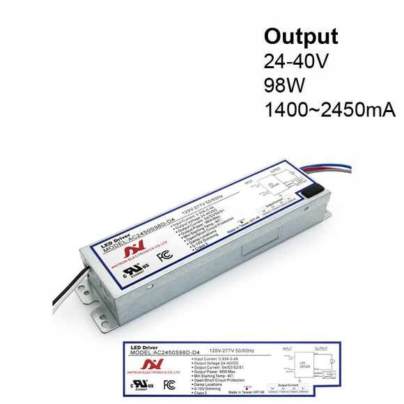 Antron Adjustable Output Current 2450-2100-1750-1400mA with Universal Input Voltage LED Driver 24-40V 98W max AC2450S98D-D4