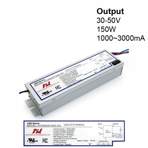 Antron Adjustable Output Current 3000-2000-1000mA with Universal Input Voltage LED Driver 50V 150W max AC3000S150D-D3