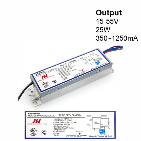 Antron electronics co.ltd Constant Current Programmable LED Driver with Custom Output Current 350-1250mA 15-55V 42W max PAC1250S25DL