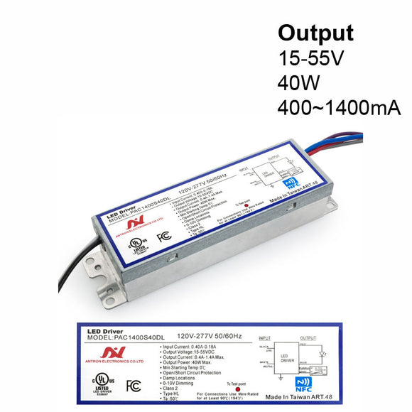 Antron Constant Current Programmable LED Driver with Custom Output Current 400-1400mA 15-55V 40W max PAC1400S40DL