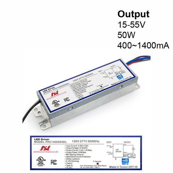 Antron Constant Current Programmable LED Driver with Custom Output Current 400-1400mA 15-55V 50W max PAC1400S50DL