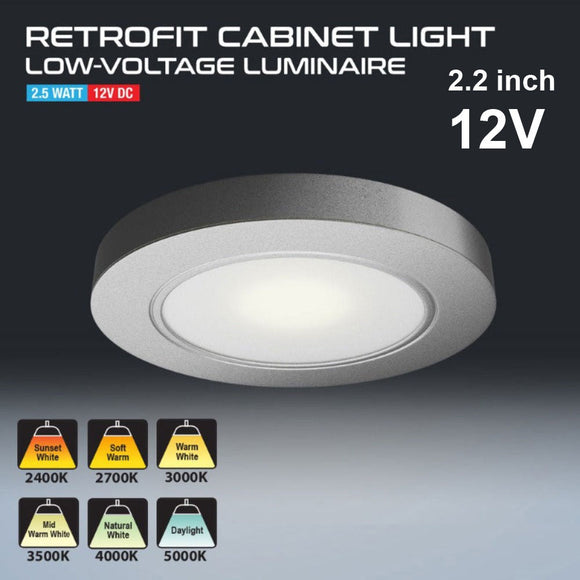 Round LED Cabinet Puck Light 12V 2.5W Silver Grey VBUN-R25-12V, gekpower