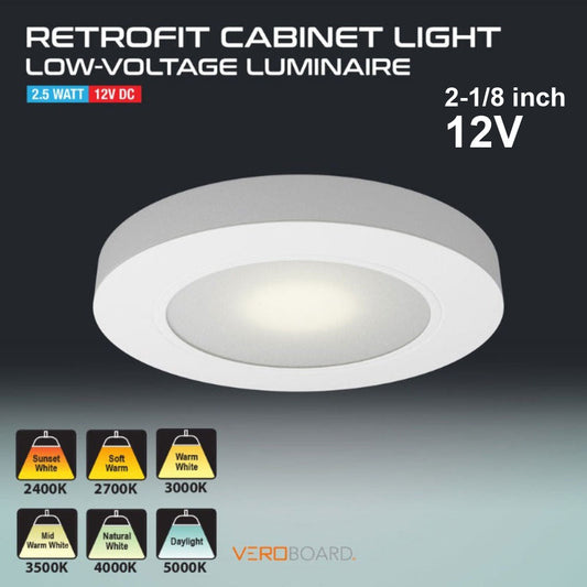 Round LED Cabinet Puck Light 12V 2.5W White VBUN-R25-12V, gekpower