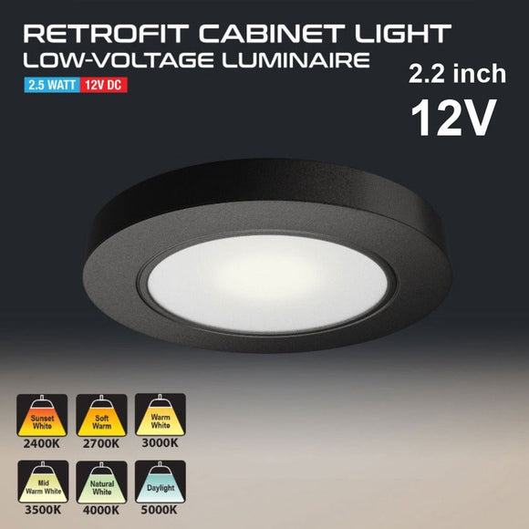 Round LED Cabinet Puck Light 12V 2.5W Black VBUN-R25-12V, gekpower