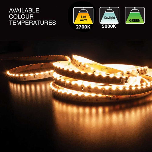 5M(16.4ft) Side Emitting Indoor LED Strip Light 315, 12V 3(w/ft) 329-402(Lm/ft) 120(LEDs/m) CCT(2.7K, 5K, Green)