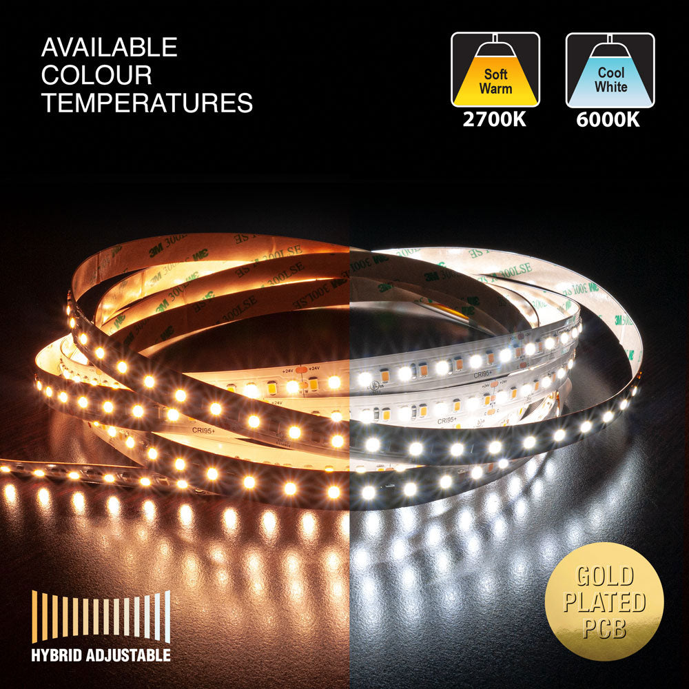 5M(16.4ft) Hybrid Adjustable color temperature CW&WW Indoor LED Strip Light 2835, 24V 5(w/ft) 1024-1126(Lm/ft) 168(LEDs/m) CCT(2.7K-6K Adjustable)