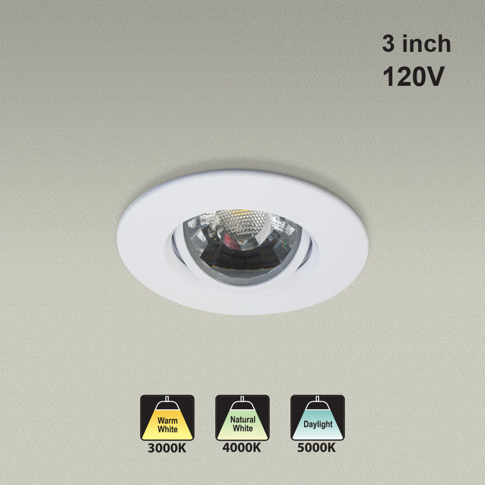 3 inch Round Recessed Light Gimbal with Selectable Color Temperature (3CCT) 120V 8W White - GekPower