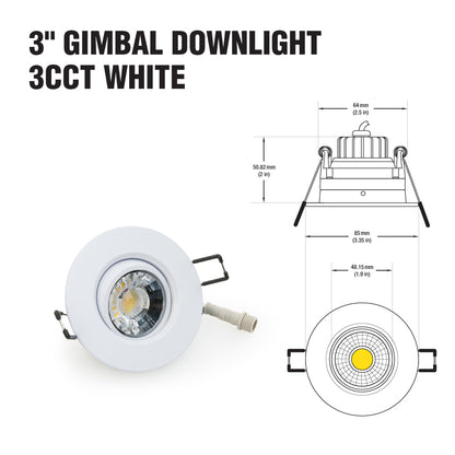 3 inch Round Recessed Light Gimbal with Selectable Color Temperature (3CCT) 120V 8W White - GekPower