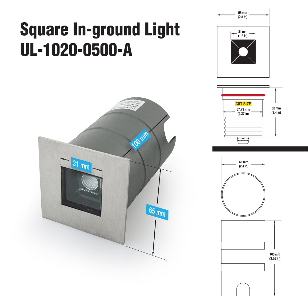 UL-1020-0500-A 2.5 Inch Square Inground light, 24V 5W 34° Reflector, gekpower