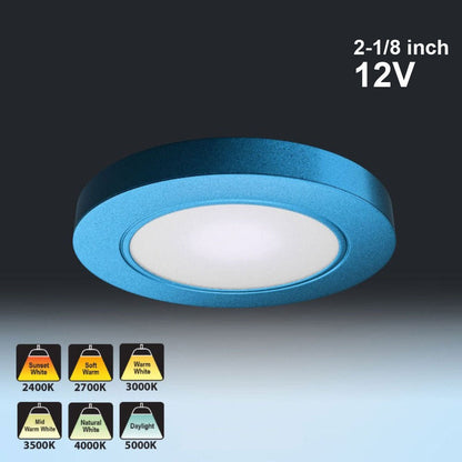 Blue round LED under cabinet light, 2-1/8 inch, 12V, featuring various color temperatures and a sleek design.
