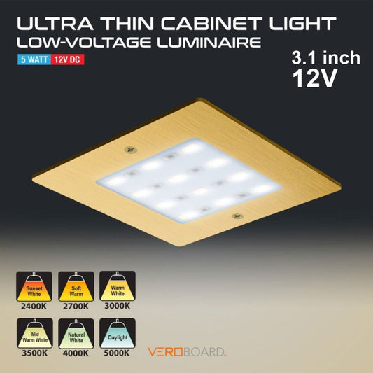 VBUN-S50-12V-Gold Square Ultrathin Cabinet Lights, 12V 5W CCT(2.4K, 2.7K, 3K, 3.5K, 4K, 5K)