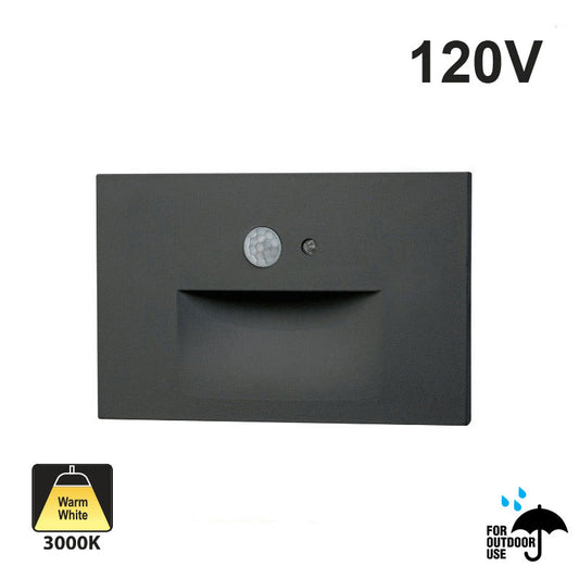 LSD033KBK Outdoor LED Step Light/ Pathway Light with PIR Motion Sensor and Dusk to Dawn Photocell Horizontal, 120V 3W