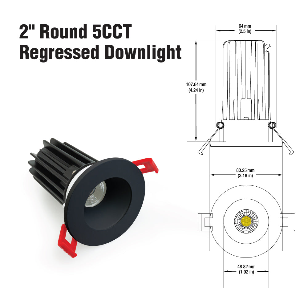 2 inch Round Dimmable Regressed Recessed LED Downlight / Ceiling Light 120V 12W 5CCT, LED-2-S12W-5CCTWH