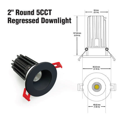 2 inch Round Dimmable Regressed Recessed LED Downlight / Ceiling Light 120V 12W 5CCT, LED-2-S12W-5CCTWH