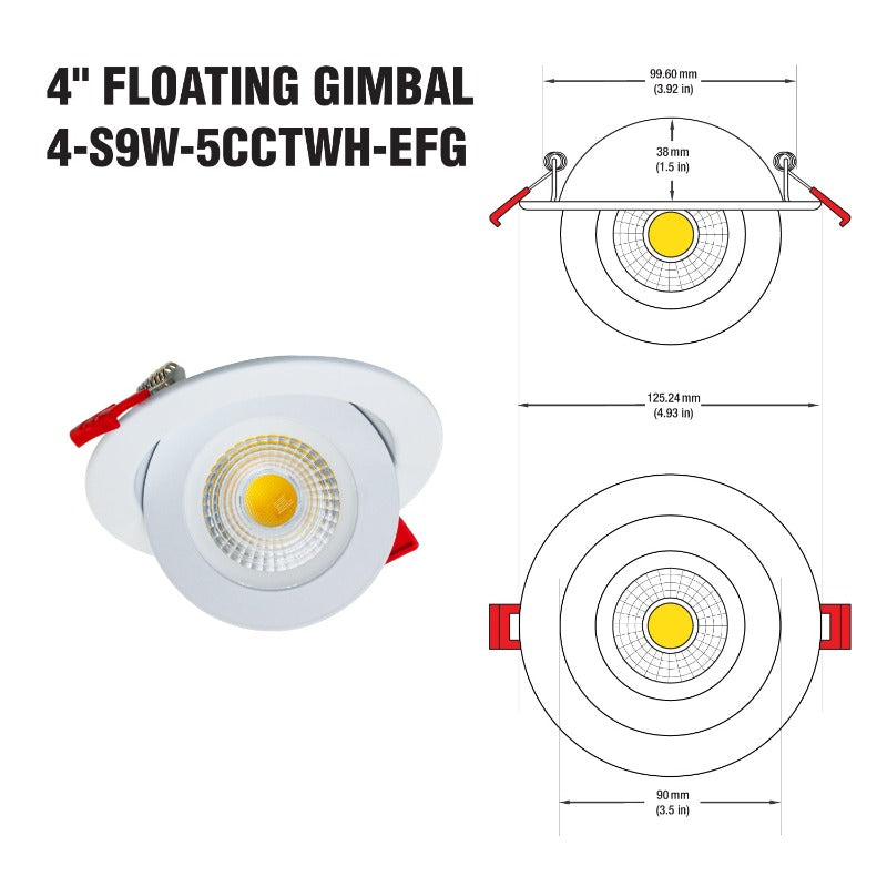 4 inch Floating Gimbal Recessed LED Downlight / Ceiling Light LED-4-S9W-1224V-5CCTWH-EFG, 12-24V 9W 5CCT, gekpower