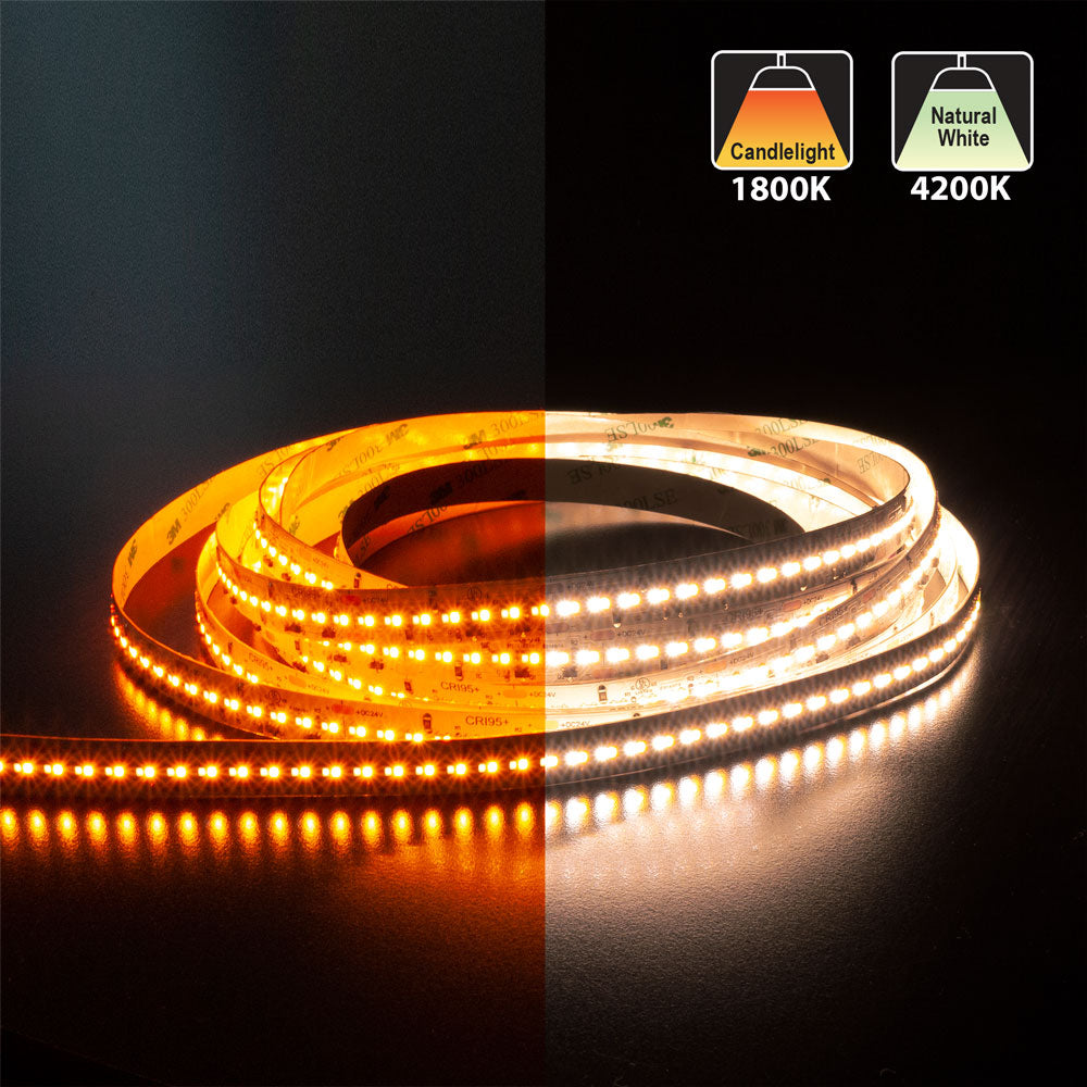 5M(16.4ft) Adjustable color temperature, Dim to Warm LED Strip, 24V 5(w/ft) 815-1018(Lm/ft) 336(LEDs/m) CCT(1.8K-4.2K Adjustable) - GekPower