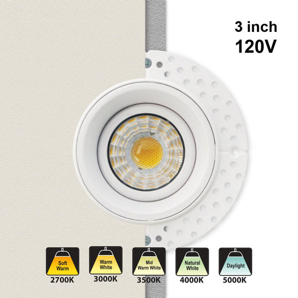 3 inch Round Trimless LED Gimbal Downlight / Ceiling Light LED-3-S8W-L5CCTWH-T, (5CCT) 120V 8W
