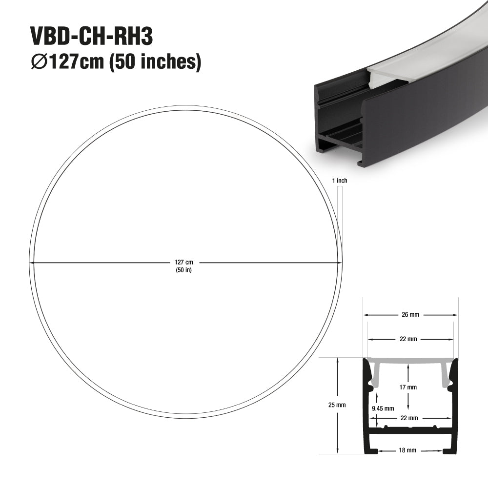 Round Aluminum Channel for LED Strips 127cm (50in) VBD-CH-RH3 - GekPower