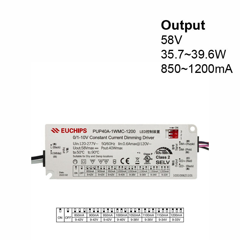 Constant Current Driver PUP40A-1WMC-1200 Selectable, 120VAC-277VAC 850 to 1200mA - GekPower