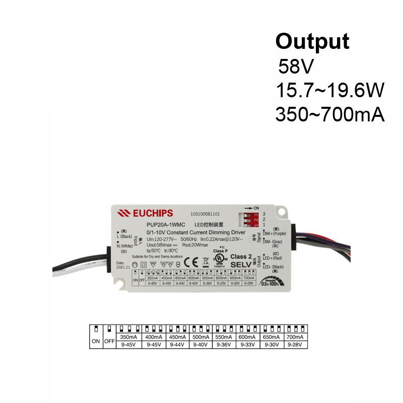 Constant Current Driver PUP20A-1WMC-700 Selectable, 100VAC-240VAC 350 to 700mA - GekPower